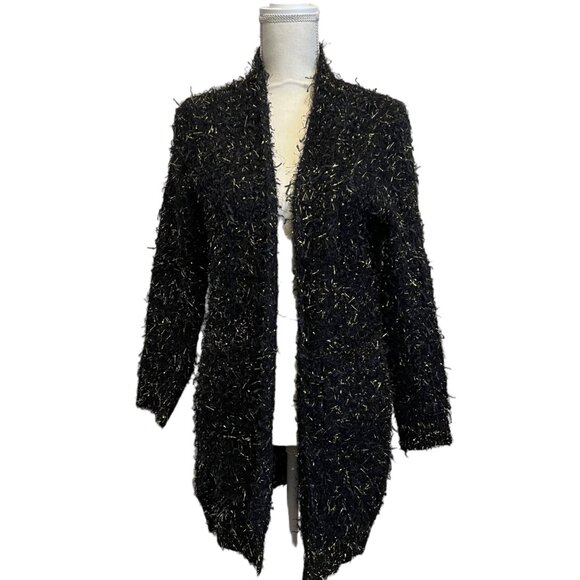 Faith + Linen Black & Metallic Gold Shaggy Eyelash Cardigan Sweater S/M - Picture 7 of 9